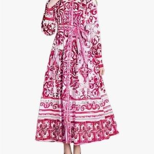 Deep Pink Vintage style maxi dress, lantern sleeve